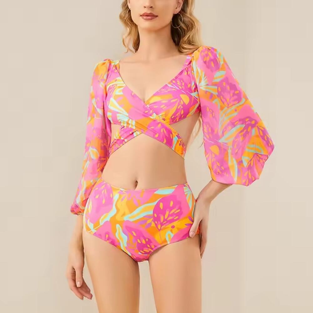 Panama Hot Pink Floral Long-Sleeve Two-Piece Bikini Swimwear Set